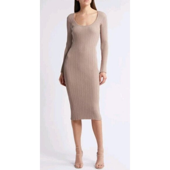 WAYF XL Ribbed Knit Midi Dress Nude Long Sleeve Scoop Neck Belted Nordstrom - Picture 1 of 11